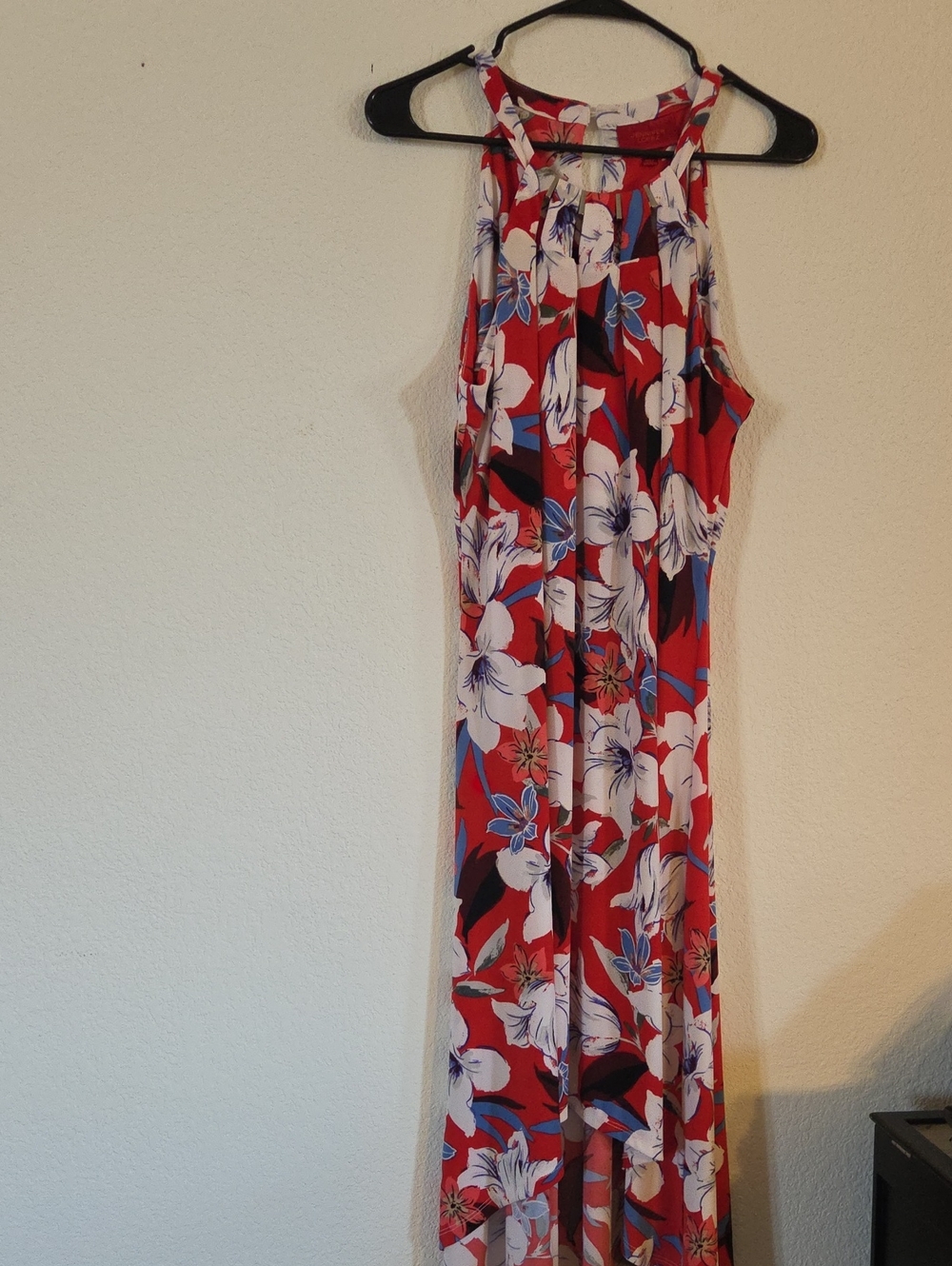 Jennifer Lopez Red Floral Midi Dress with Blue Floral Details